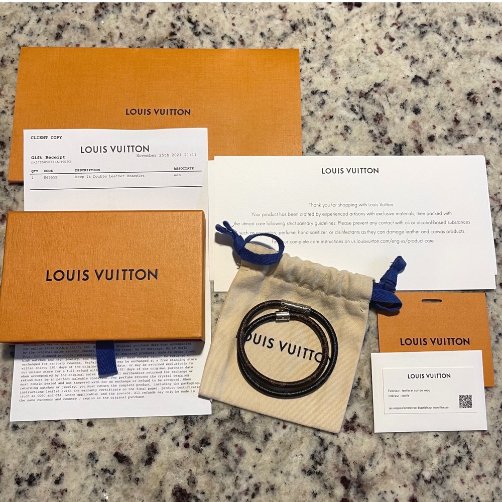 Louis Vuitton Keep It Double Leather Bracelet Monogram Eclipse Macassar M6555E